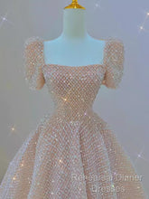 Sparkle A Line Square Neckline Sequin Pink Long Semi Formal Prom Dress